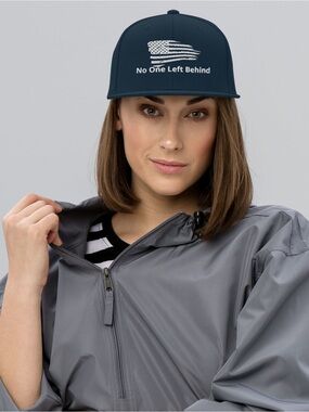 Navy Snapback Hat with Patriotic Flag & "No One Left Behind" Embroidery